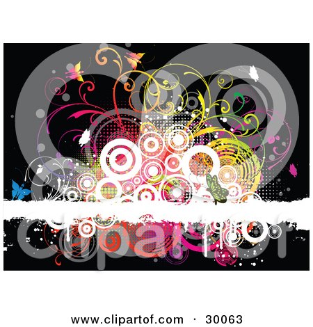 Clipart Illustration of a Colorful Background Of Butterflies, Grasses And Circles Over A White Grunge Bar On A Black Background by KJ Pargeter