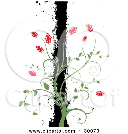 Clipart Illustration of a Green Vine With Red Flowers, Climbing A Black Grunge Bar, Over White by KJ Pargeter