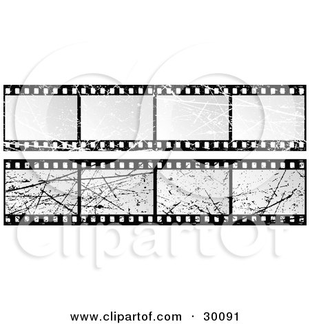 Clipart Illustration of a Set Of Two Blank Grunge Scratched Film Strips by KJ Pargeter