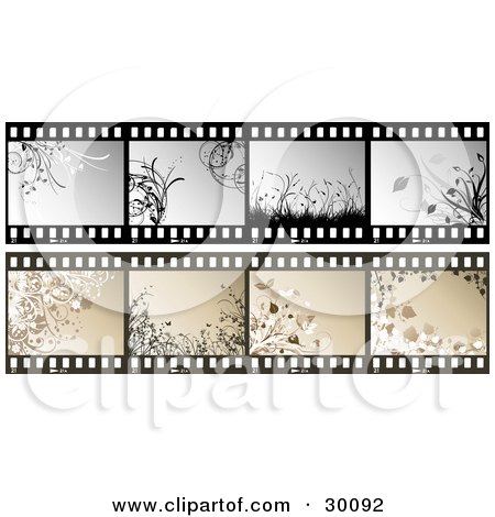 Clipart Illustration of Two Sets Of Film Strips With Floral Frames In Gray And Brown by KJ Pargeter