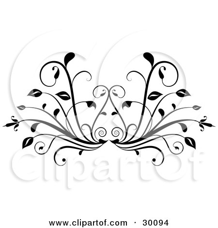 Clipart Illustration of a Leafy Plant Flourish In Black, Over A White Background by KJ Pargeter