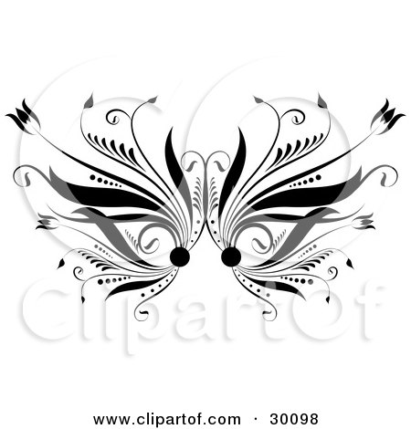 Clipart Illustration of a Black Flourish With Flowers Along The Sides,  Over White by KJ Pargeter
