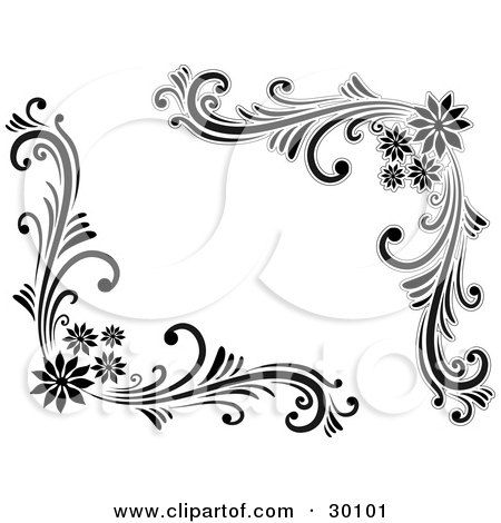 Clipart Illustration of a Set Of Floral Corner Flourishes In Black And White, With Four Flowers In The Corners by KJ Pargeter