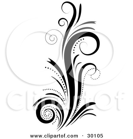 Clipart Illustration of a Black And White Decorative Plant With Curling Grasses by KJ Pargeter