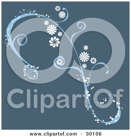 Clipart Illustration of a Blue Vine With White Flowers And Sparkles, On A Dark Blue Background by KJ Pargeter