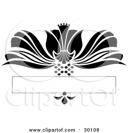 Clipart Illustration of a Large Black Flower Flourish With Diamonds Over A Blank Text Bar by KJ Pargeter