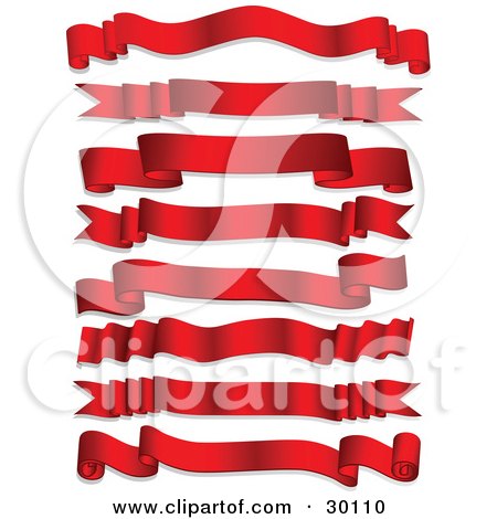 Clipart Illustration of a Set Of Eight Red Shiny Banners On A White Background by KJ Pargeter