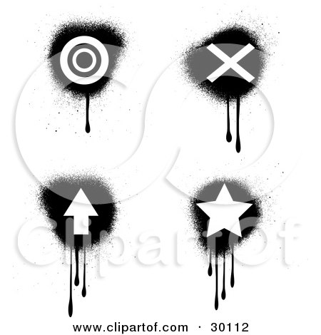 Clipart Illustration of a Set Of Four Black And White Target, X, Arrow And Star Icons With Dripping Grunge by KJ Pargeter