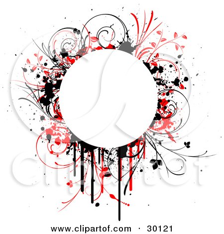 Clipart Illustration of a Blank White Circle Bordered By Red And Black Drips, Splatters And Grasses by KJ Pargeter