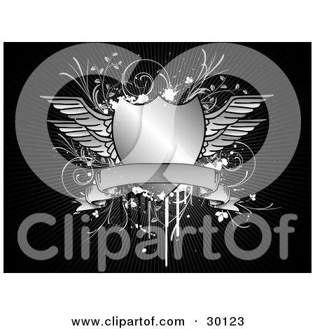 Clipart Illustration of a Shiny Silver Shield With Wings And A Blank Banner, Over A Grunge Background Of Vines And Splatters, On Black With Rays Of Light by KJ Pargeter