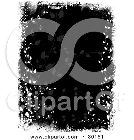 Clipart Illustration of a Black Background With Faded Plants, Bordered By White Grunge And Climbing Leafy Vines by KJ Pargeter