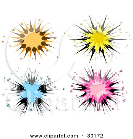 Clipart Illustration of a Set Of Four Orange, Yellow, Blue And Pink Sparkling Bursts by KJ Pargeter