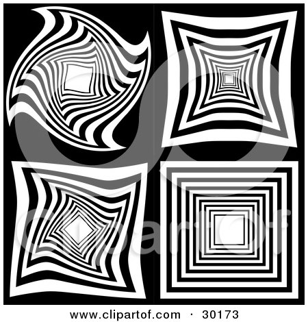 Clipart Illustration of a Set Of Four Black And White Spiral, Repeat And Twisting Designs by KJ Pargeter