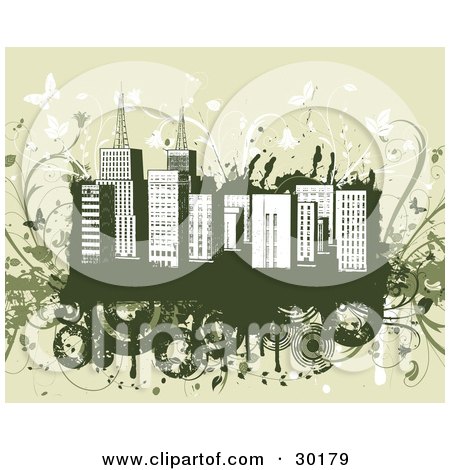 Clipart Illustration of a City Skyline On Green Grunge With Circles, Vines And Flowers by KJ Pargeter