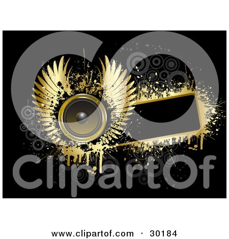 Clipart Illustration of a Golden Winged Speaker On A Blank Black Text Box, Bordered By Gold Grunge With Gray Circles On Black by KJ Pargeter