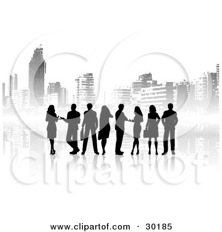 Clipart Illustration of a Group Of Silhouetted Male And Female Corporate Business People Standing In Front Of A Background Of Gray City Skyscrapers by KJ Pargeter