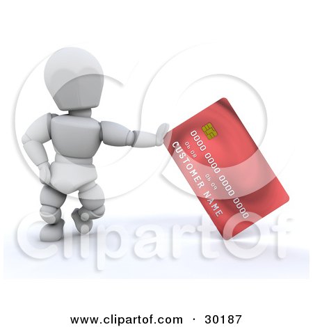 Clipart Illustration of a White Character Standing And Leaning Against A Red Credit Card by KJ Pargeter