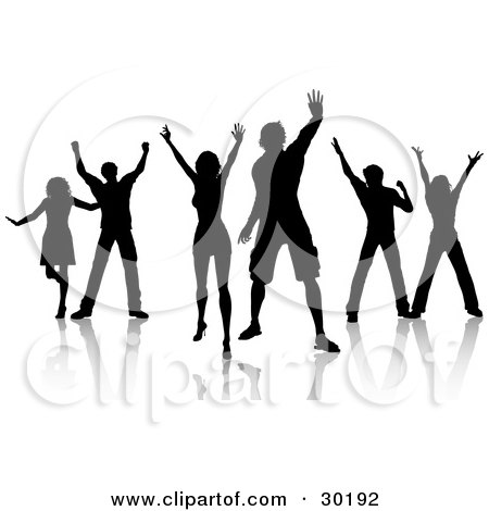Clipart Illustration of a Group Of Silhouetted Guys And Gals Holding Their Arms In The Air And Dancing by KJ Pargeter