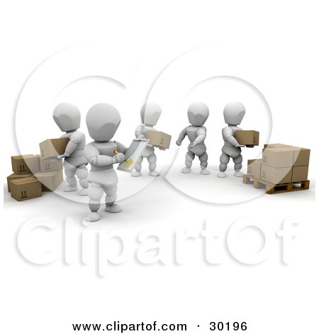 Clipart Illustration of a Supervisor Taking Notes On A Team Of White Characters Stacking Boxes From One Pile To A Pallet by KJ Pargeter