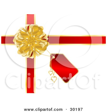 Clipart Illustration of a Golden Bow With Red Ribbons, A Tag And Golden Hearts On A Gift by KJ Pargeter