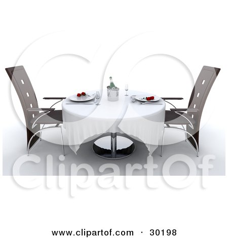 Clipart Illustration of Champagne Chilling On Ice In The Center Of A Table With Roses On The Plates by KJ Pargeter