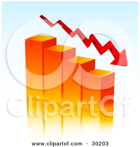 Clipart Illustration of an Arrow Curving Downwards With An Orange Bar Graph Depicting Loss And Debt by KJ Pargeter