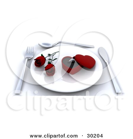Clipart Illustration of a Place Setting Of A Ring In A Heart Box With Two Red Roses On A Plate, With A Fork, Knife And Spoon On A Table by KJ Pargeter