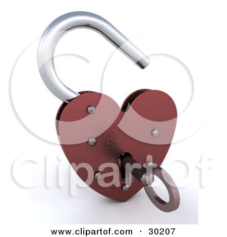 Clipart Illustration of a Key Inside An Unlocked Red Heart Shaped Padlock by KJ Pargeter