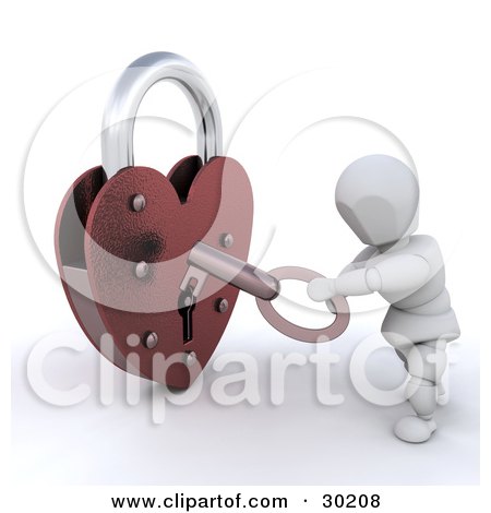 Clipart Illustration of a White Character Using A Skeleton Key To Unlock A Heart Shaped Padlock by KJ Pargeter