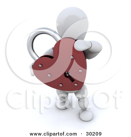 Clipart Illustration of a Romantic White Character Carrying A Locked Red Heart Shaped Padlock by KJ Pargeter