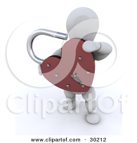 Clipart Illustration of a Romantic White Character Carrying An Unlocked Red Heart Shaped Padlock by KJ Pargeter