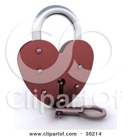 Clipart Illustration of a Key Resting In Front Of A Red Heart Padlock by KJ Pargeter