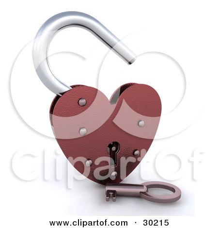 Clipart Illustration of a Key Resting In Front Of An Unlocked Heart Padlock by KJ Pargeter