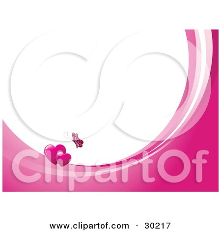 Clipart Illustration of a Pink Butterfly Above Two Hearts On Waves Of Pink And White, Around White With Space For Text Or A Business Name by KJ Pargeter