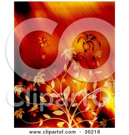 Clipart Illustration of Blooming Orange And Yellow Flowers Over A Blurred Yelow And Red Background by KJ Pargeter