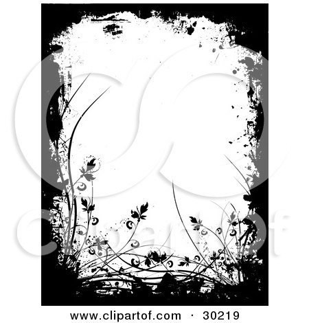 Clipart Illustration of Black Silhouetted Plants, Grasses And Grunge Around A White Background by KJ Pargeter