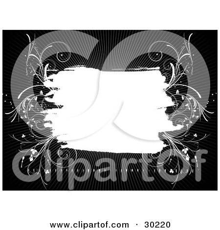 Clipart Illustration of a Blank White Grunge Text Space Bordered With White Grasses On A Black Background With Rays Of Light by KJ Pargeter