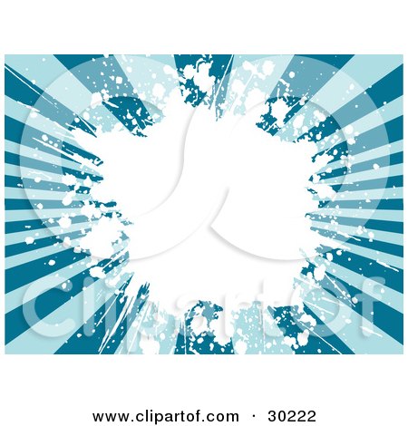 Clipart Illustration of a Background Of Dark And Light Blue Rays With A Big White Grunge Splatter In The Center by KJ Pargeter