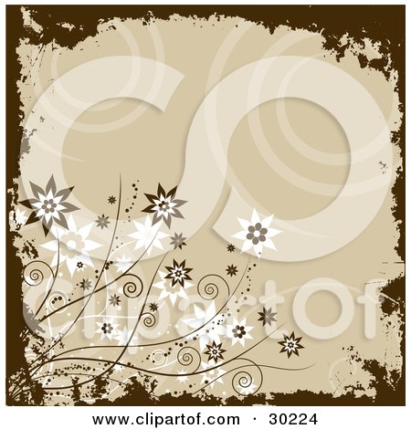 Clipart Illustration of a Beige Background Of Spirals, Bordered By Brown Grunge And Brown And White Flowers by KJ Pargeter