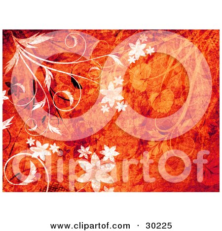 Clipart Illustration of White And Black Flowers And Vines With Grunge Textures Over A Red And Orange Background by KJ Pargeter