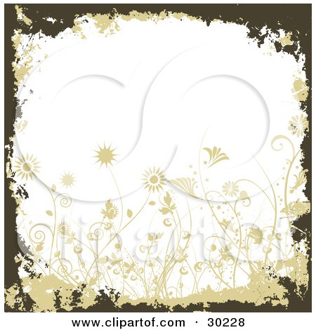 Clipart Illustration of a Brown And Tan Grunge Border With Flowers, Framing White by KJ Pargeter