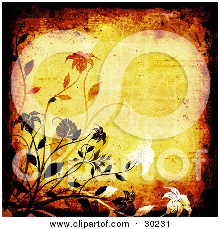 Clipart Illustration of a Yellow Background With Scratches And Scuffs, Bordered By Black Grunge And Black, White And Orange Flowers And Vines by KJ Pargeter