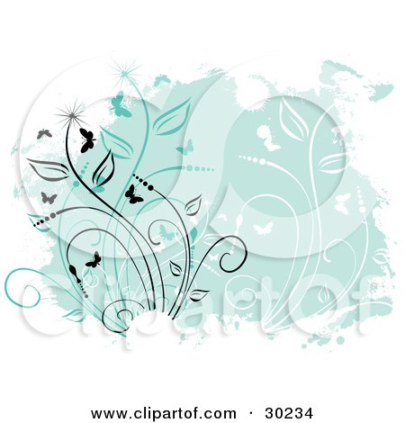 Clipart Illustration of a Green Background With Silhouetted Black, Green And White Butterflies And Plants, Bordered By White Grunge by KJ Pargeter