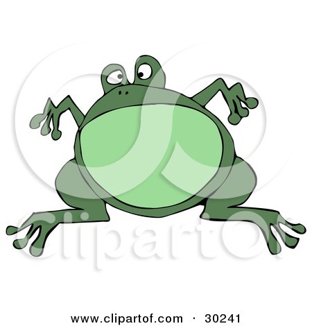 Clipart Illustration of a Big Green Bullfrog Leaping And Suspended In Mid Air by djart