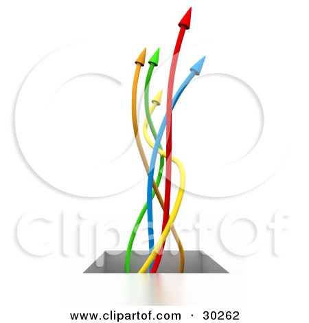Clipart Illustration of Colorful Orange, Green, Yellow, Red And Blue Arrows Shooting Up Out Of An Opening by Tonis Pan