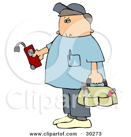 Clipart Illustration of a Service Technician From A Gas Company, Holding A Leak Detector, Wearing Shoe Covers And Carrying A Bag Of Hand Tools by djart