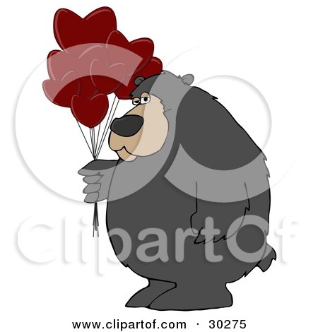 Clipart Illustration of a Big Bear Standing And Holding A Bunch Of Red Heart Shaped Valentine's Day Balloons by djart