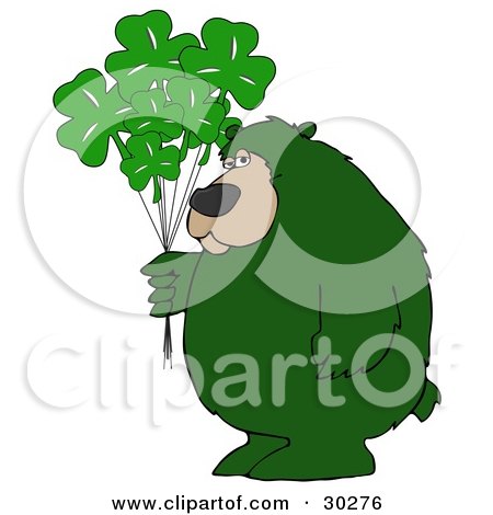 Clipart Illustration of a Big Green Bear Standing And Holding A Bunch Of Green Clover Saint Patricks Day Balloons. by djart