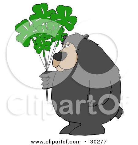 Clipart Illustration of a Big Bear Standing And Holding A Bunch Of Green Clover St Patrick's Day Balloons by djart