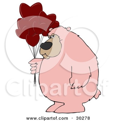Clipart Illustration of a Big Pink Bear Standing And Holding A Bunch Of Red Heart Shaped Valentine's Day Balloons by djart